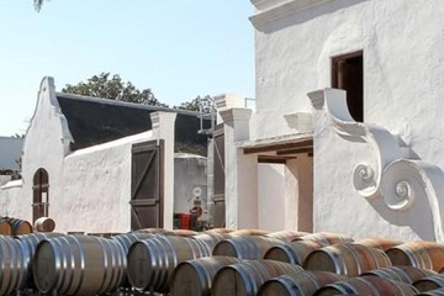 View of Meerlust Estate with barrels of wine