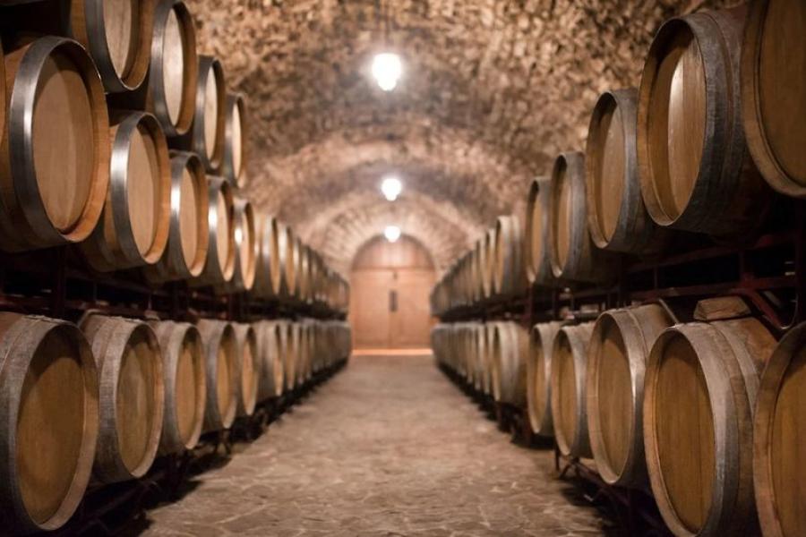 Aisle with barrels on each side in a cellar
