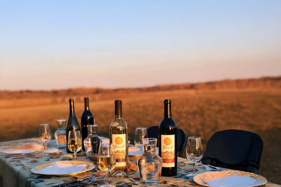 Bottles of wine on a table with the sunset