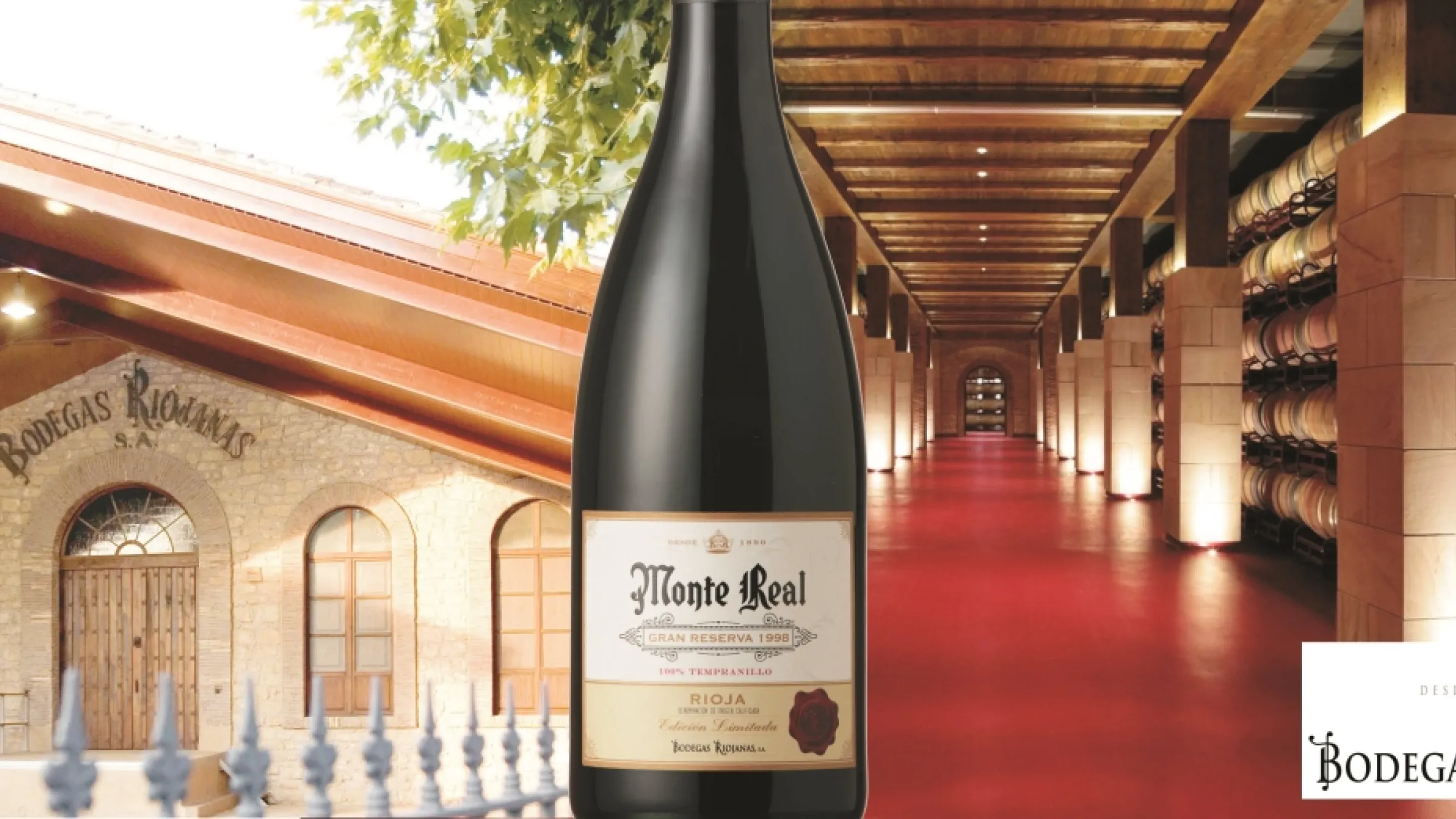 Collage of an entry to a bodega, a bottle of wine in the center and an aisle with barrels