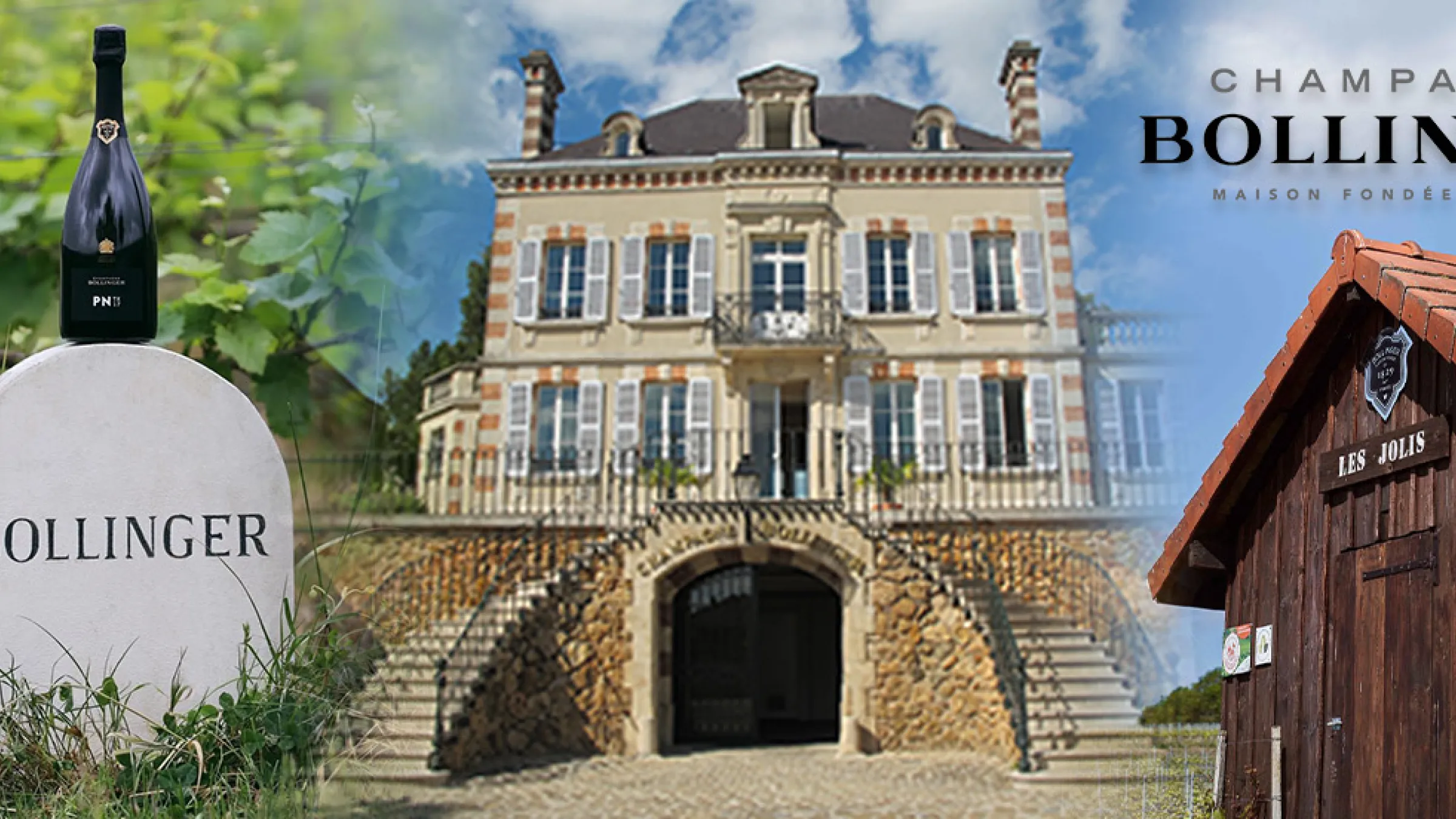 Collage of a bottle on top of a tombstone,  house and a barn