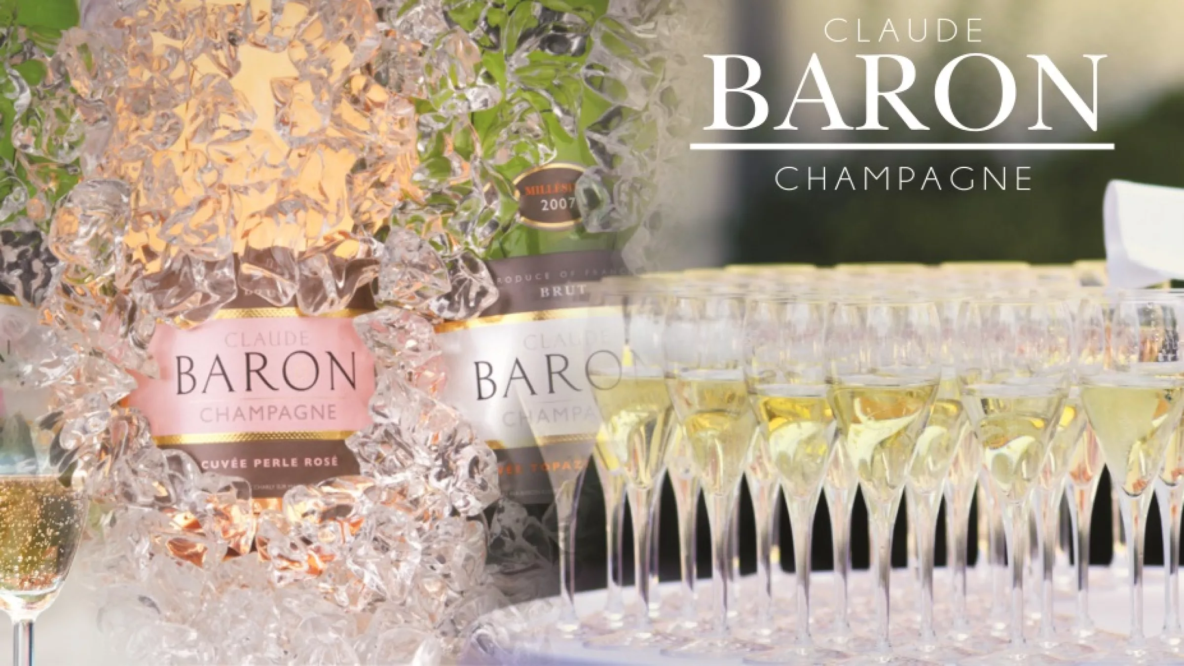 Collage of glasses of champagne, bottles and a trade of glasses