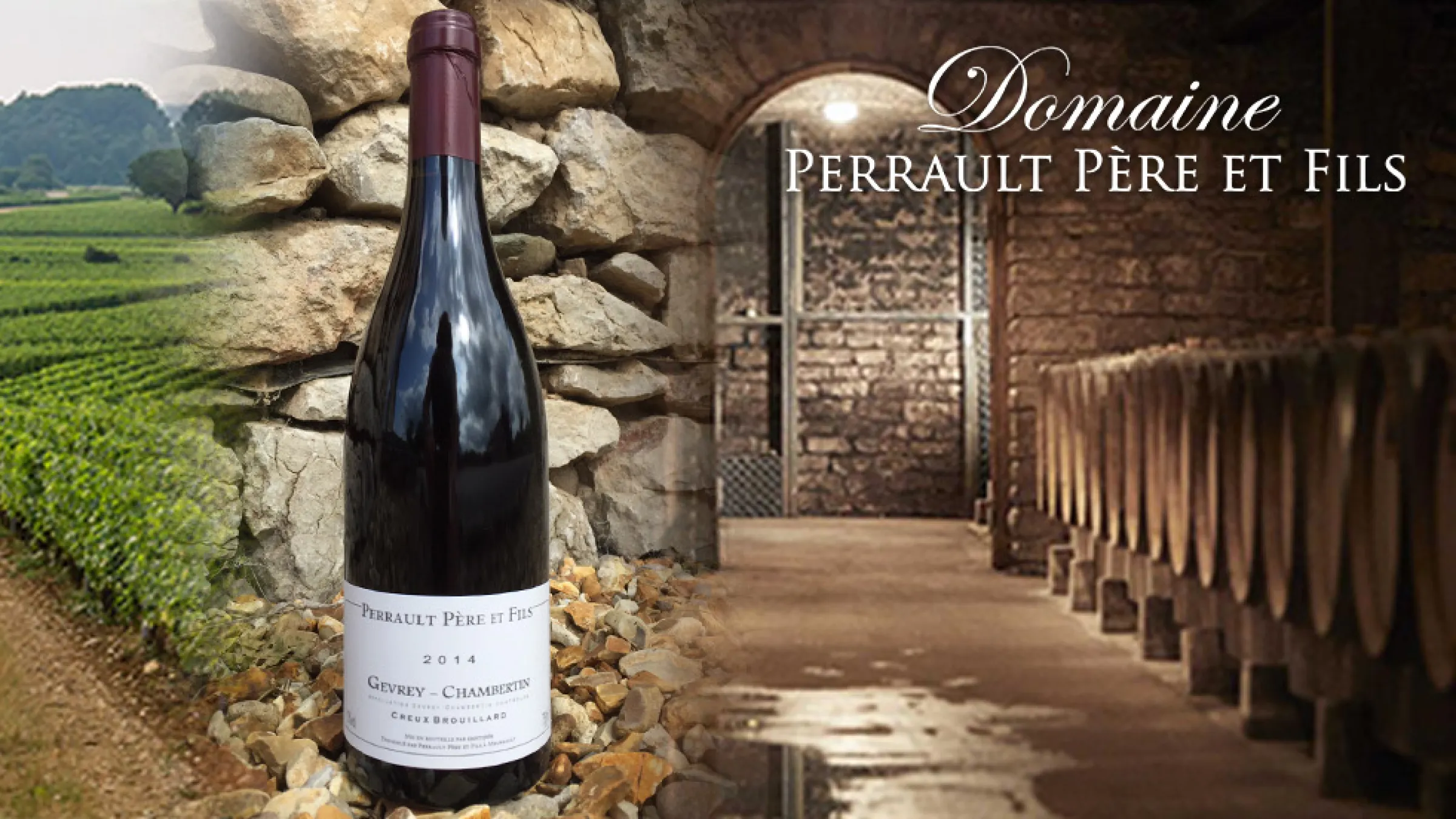 Collage of the vineyard, a bottle and the cellar for Domaine Perrault