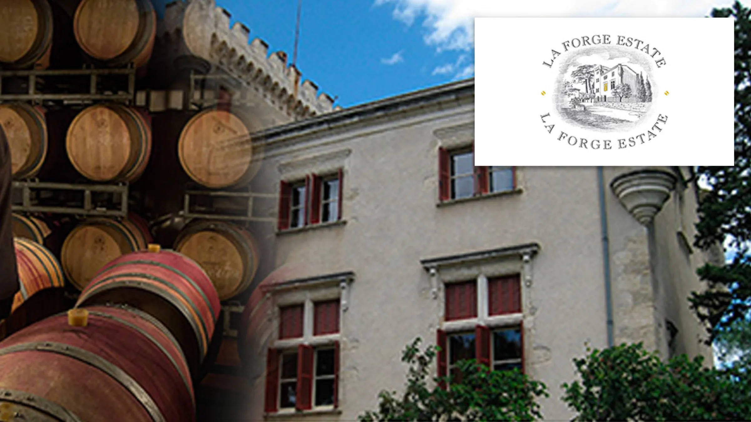 Collage of a person tasting wine in a cellar and the corner of house with windows