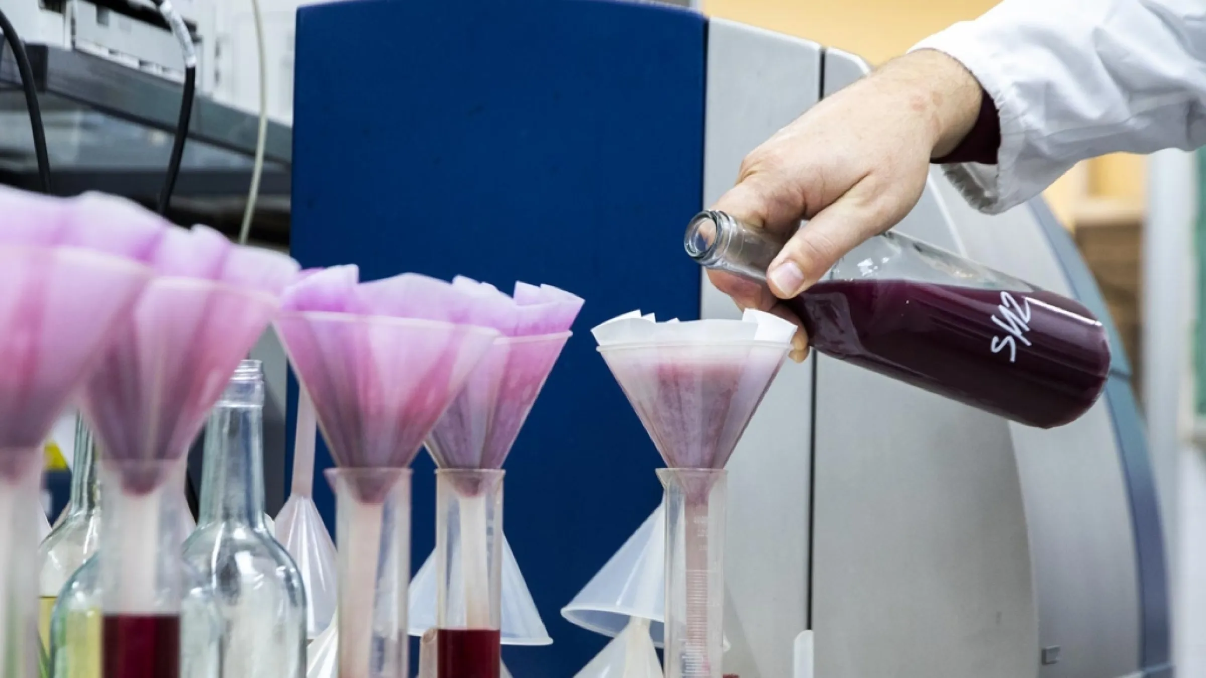 wine being poured in a bottle with a filter 