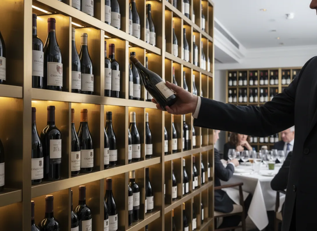 Bottles of wine on a shelf with a customer viewing them 